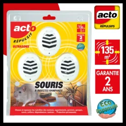 ACTO - Retro lot de 3 répulsifs ultrasons souris insectes rampants 135m2 - rus2