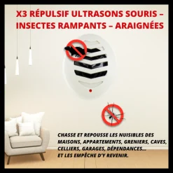 ACTO - Retro lot de 3 répulsifs ultrasons souris insectes rampants 135m2 - rus2