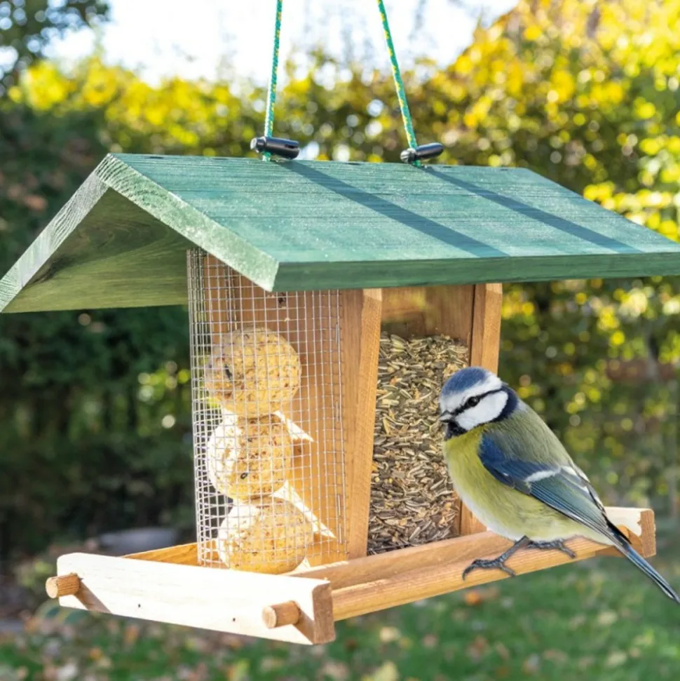 BB LOISIR - Mangeoire extérieur à suspendre pour oiseaux sauvages pour jardin balcon distributeur de graines «325 cabane marron-vert»