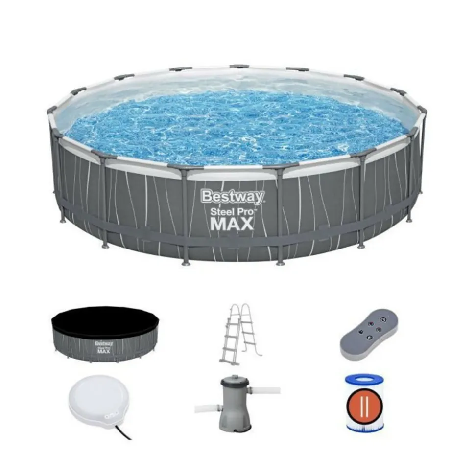 BESTWAY - Kit piscine hors sol tubulaire bestway steel pro max™ 457 x 107 cm - ronde (avec filtre a cartouche, échelle, bâche, lumiere