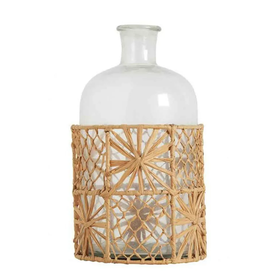 BLANC D'IVOIRE - Vase bouteille soliflore verre raphia fleurs 13x26cm