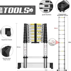 BM TOOLS - Échelle télescopique bm tools 3,8m en alu avec stabilisateur - charge 150kg pliable extensible unique droite multi-fonction