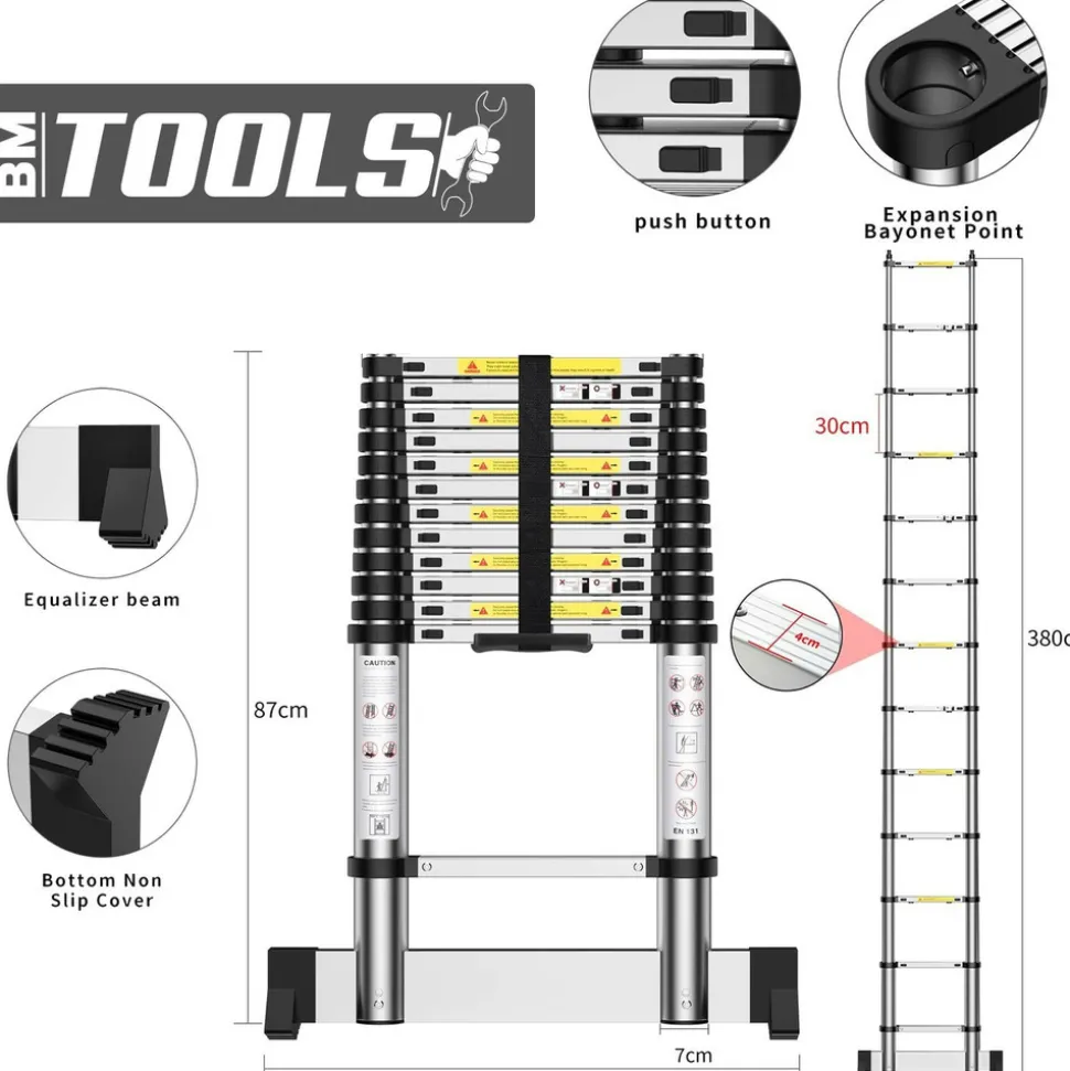 BM TOOLS - Échelle télescopique bm tools 3,8m en alu avec stabilisateur - charge 150kg pliable extensible unique droite multi-fonction