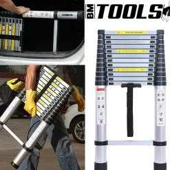 BM TOOLS - Échelle télescopique bm tools 3,8m en acier inoxydable, charge 150kg pliable extensible unique droite multi-fonction, bricolage