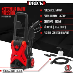 BRICK - Nettoyeur haute pression 1700w - 135 bars sur roues - buse turbo et buse rotativ