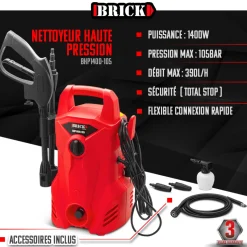 BRICK - Nettoyeur haute pression 1400w - 105 bars - buse turbo et buse rotative - brick