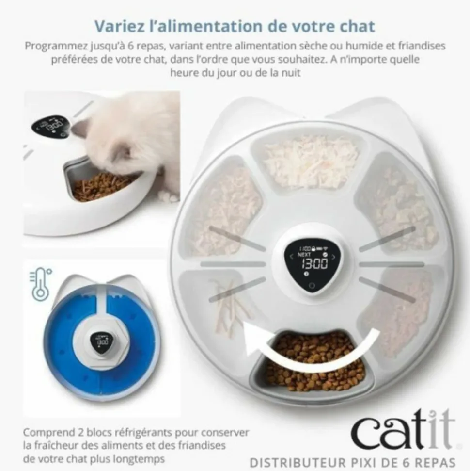 CAT IT - Distributeur de repas pour chat connecté - catit - pixi smart - 6 x 170ml - ecran tactile lcd - avec blocs réfrigérants