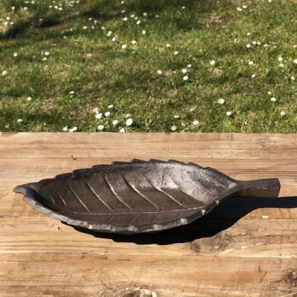 CHEMIN DE CAMPAGNE - Mangeoire à oiseaux feuille abreuvoir jardin en fonte marron 26cm