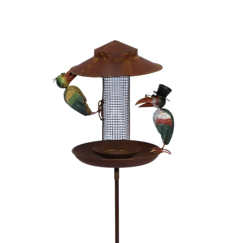 CHEMIN DE CAMPAGNE - Mangeoire à oiseaux pique jardin abreuvoir fer marron 128cm