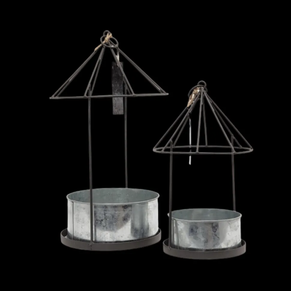 CHEMIN DE CAMPAGNE - Set2 mangeoires oiseaux abreuvoir jardin métal gris 28.5-41cm