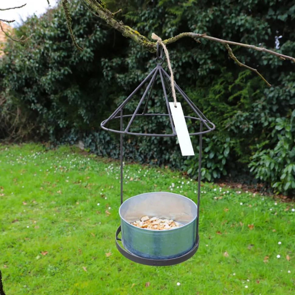 CHEMIN DE CAMPAGNE - Set2 mangeoires oiseaux abreuvoir jardin métal gris 28.5-41cm