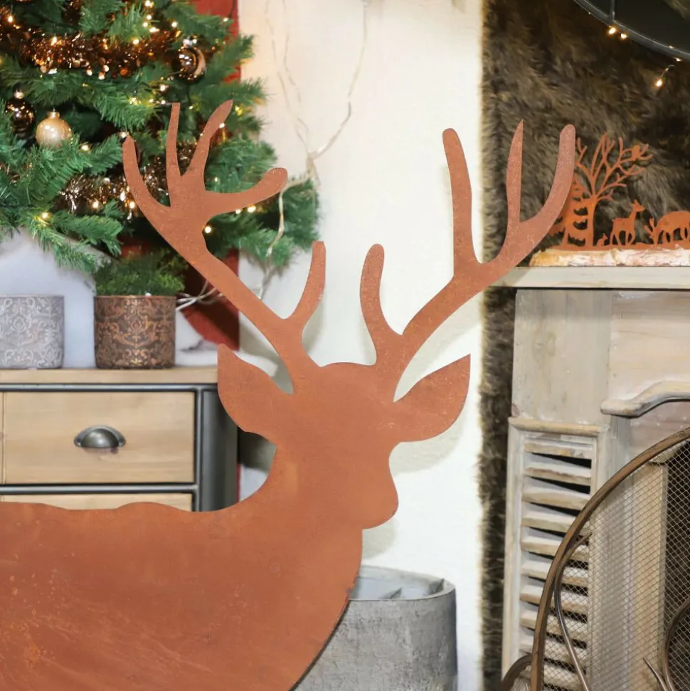 CHEMIN DE CAMPAGNE - Statue statuette cerf extérieur jardin métal rouillé marron 130cm