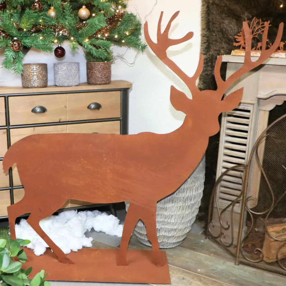 CHEMIN DE CAMPAGNE - Statue statuette cerf extérieur jardin métal rouillé marron 130cm