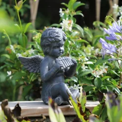 CHEMIN DE CAMPAGNE - Statuette statue sculpture jardin ange flûte béton gris 24.5cm