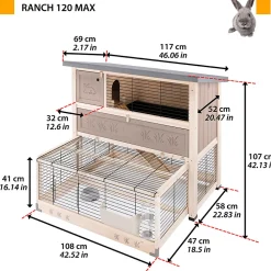 Clapier d'extérieur ranch 120 max en bois fsc, deux étages, rez-de-chaussée amovible, accessoires inclus