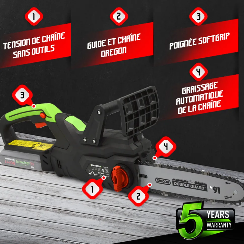 CONSTRUCTOR - Tronçonneuse sans fil 20 v (sans batterie) - guide 250mm - guide et chaîne orego
