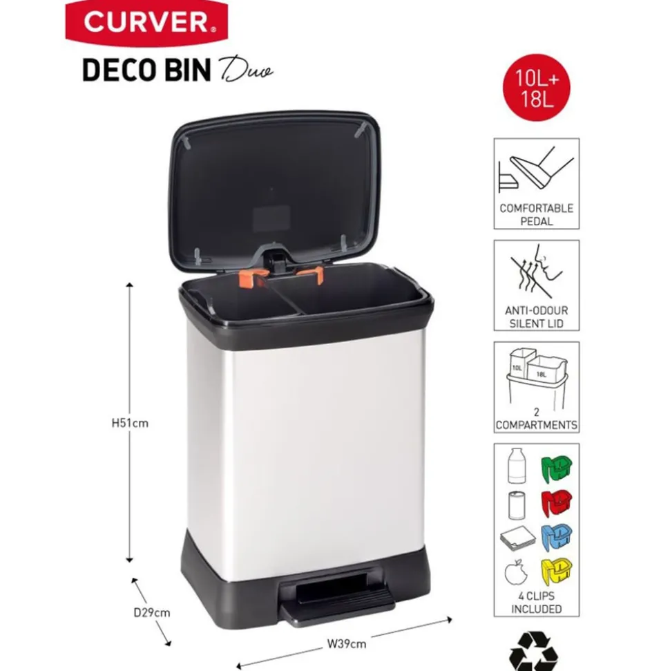CURVER - Poubelle duo à pédale deco 10l+18l argenté