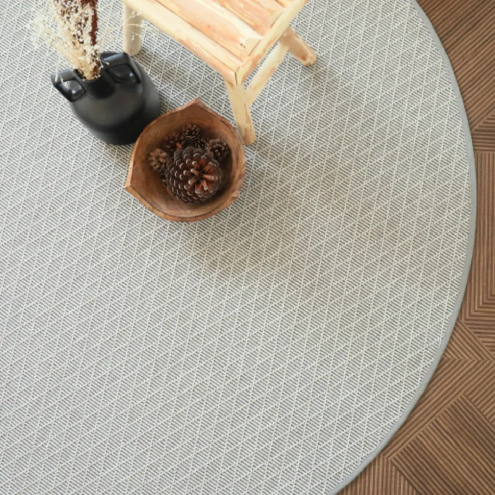 DÉCOWEB - Tapis rond intérieur / extérieur - timika blanc craie - galon gris - ø 120 cm