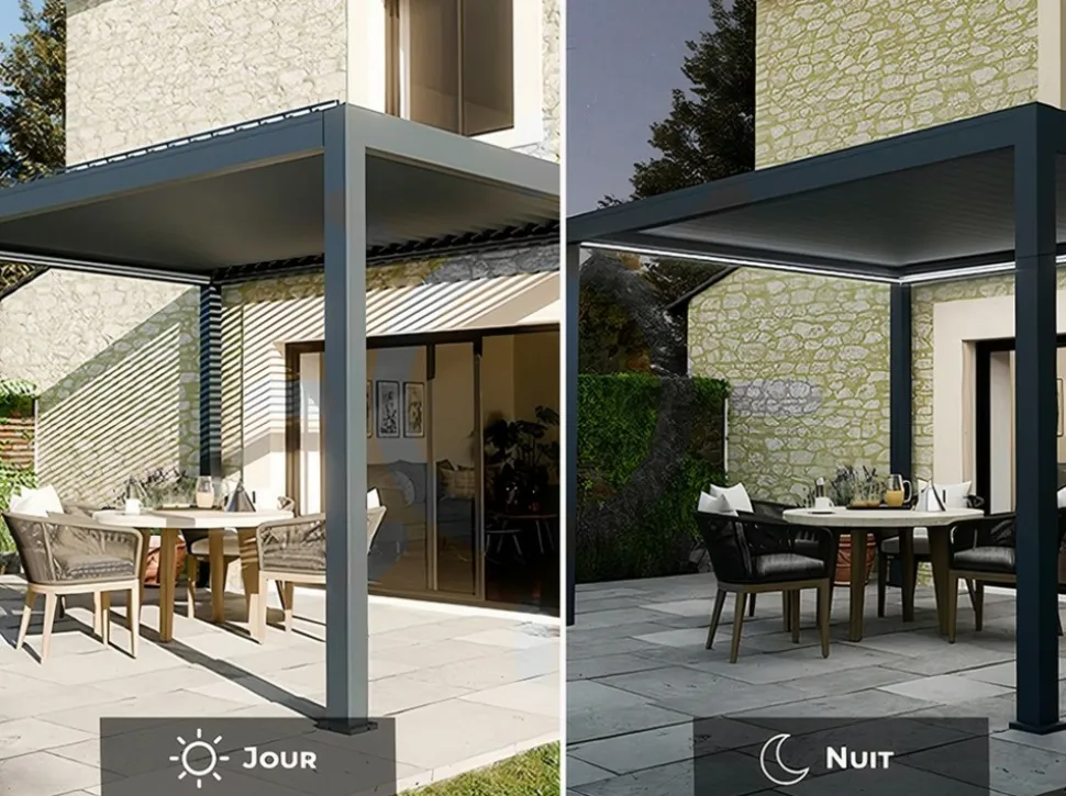 DIRECT ABRIS - Pergola bioclimatique autoportée motorisée 12m² 3x4m gris anthracite stellar - eclairage intégré