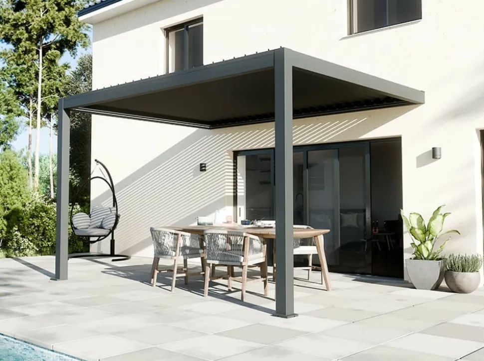 DIRECT ABRIS - Pergola bioclimatique adossée motorisée 12m² 3x4m gris anthracite stellar - eclairage intégré
