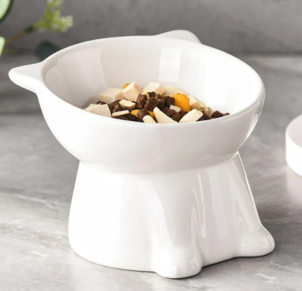 DOWNYPAWS - Bol en céramique en forme de chat avec angle d'inclinaison pour un nourrissage facile des chats