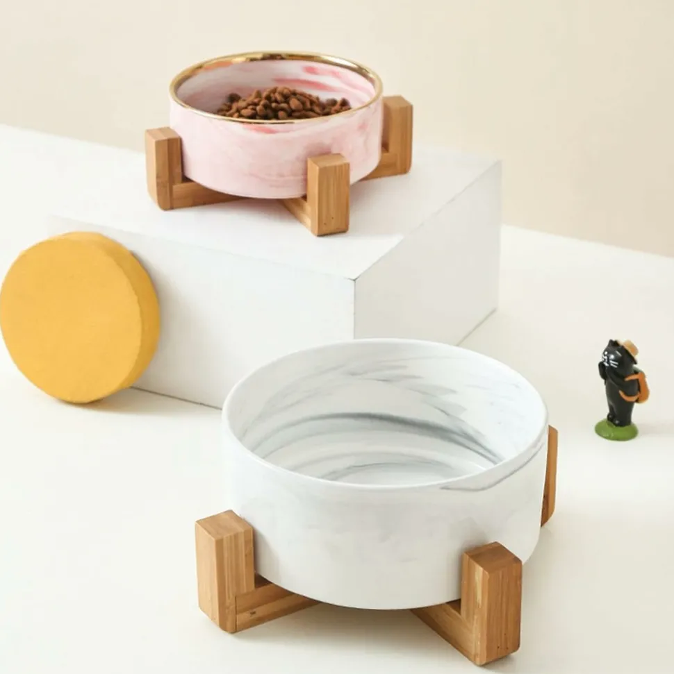 DOWNYPAWS - Bol surélevé en céramique et bois pour chat