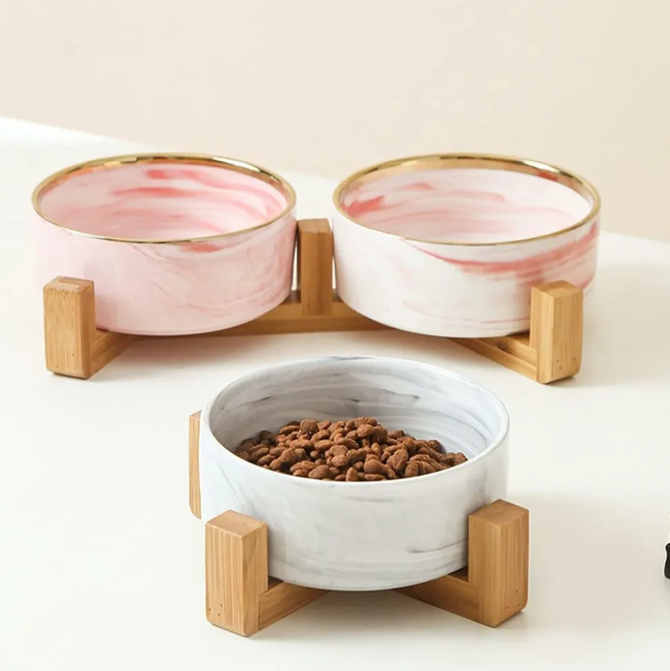DOWNYPAWS - Bol surélevé en céramique et bois pour chat