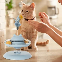 DOWNYPAWS - Canne à pêche pour chat-jouet plateau tournant pour chat-jouet interactif avec plumes, bleu