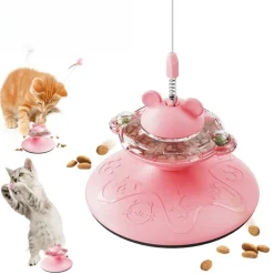 DOWNYPAWS - Canne à pêche pour chat-jouet plateau tournant-platine rose-jouet interactif avec balle