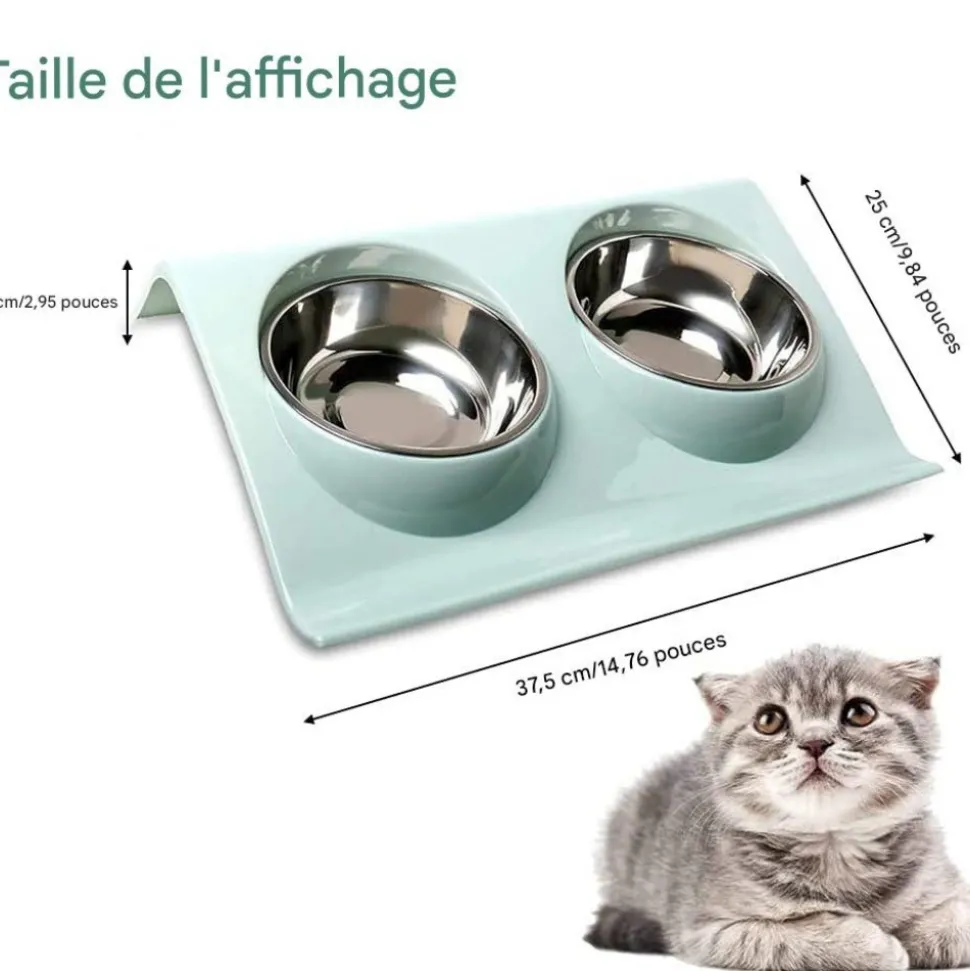 DOWNYPAWS - Gamelle double incliné pour animaux 37.5*25*7.5cm-bleu gamelle pour chat