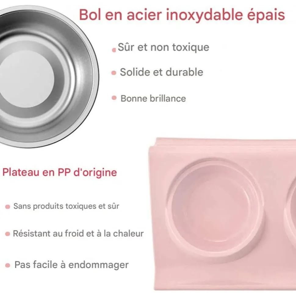 DOWNYPAWS - Gamelle double incliné pour animaux 37.5*25*7.5cm-rose gamelle pour chat