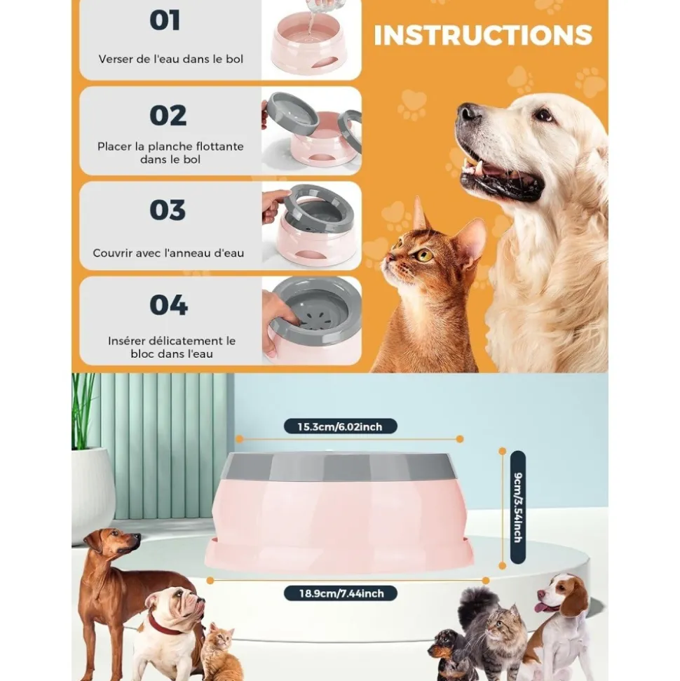 DOWNYPAWS - Gamelle pour chien-gamelle d'eau anti-débordement-en voiture-rose-15.3x18.9x8cm