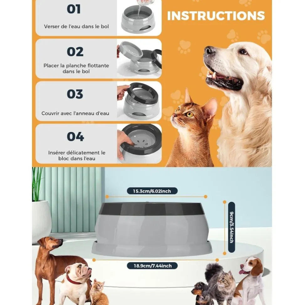 DOWNYPAWS - Gamelle pour chien-gamelle d'eau anti-débordement-en voiture-gris-15.3x18.9x8cm