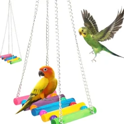 DOWNYPAWS - Jouets pour oiseaux-balançoire en bois avec perchoir pour oiseaux-coloré