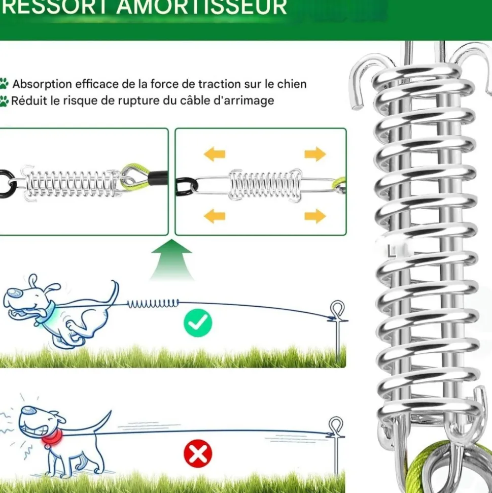 DOWNYPAWS - Laisse pour chien- boucle à double tête + ressort antidéflagrant - 8 m x 5 mm-fil d'acier étanche