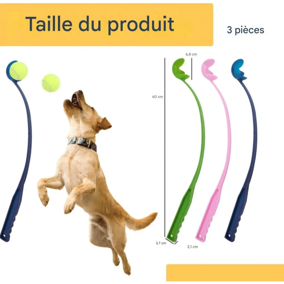 DOWNYPAWS - Lanceur de balles pour chien paquet de 3-jouets interactifs pour chiens-bleu+rose+vert 60cm