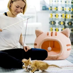 DOWNYPAWS - Lit pour chat-panier pour chat -forme de tête de chat-rose 40*40*32cm