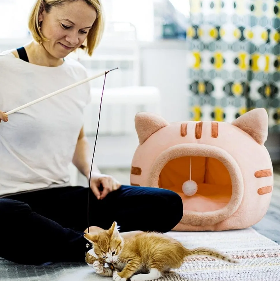 DOWNYPAWS - Lit pour chat-panier pour chat -forme de tête de chat-gris 40*40*32cm