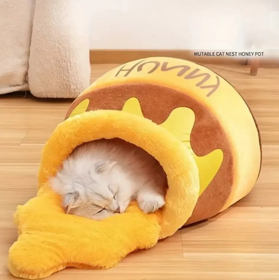 DOWNYPAWS - Panier Pour Chat En Forme De Pot De Miel, Tapis épais, Amovible Et Lavable