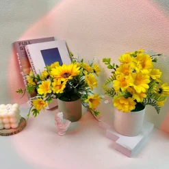 DTOPBUYAGE - Fleurs artificielles de tournesol et de marguerite avec pot blanc - dtopbuyage