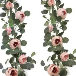 DTOPBUYAGE - Vigne de fleurs artificielles de pivoine et de feuilles d'eucalyptus pour mariage rose 2 pièces dtopbuyage