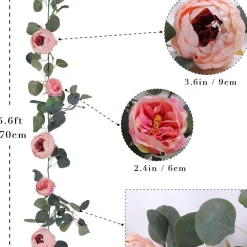 DTOPBUYAGE - Vigne de fleurs artificielles de pivoine et de feuilles d'eucalyptus pour mariage rose 2 pièces dtopbuyage