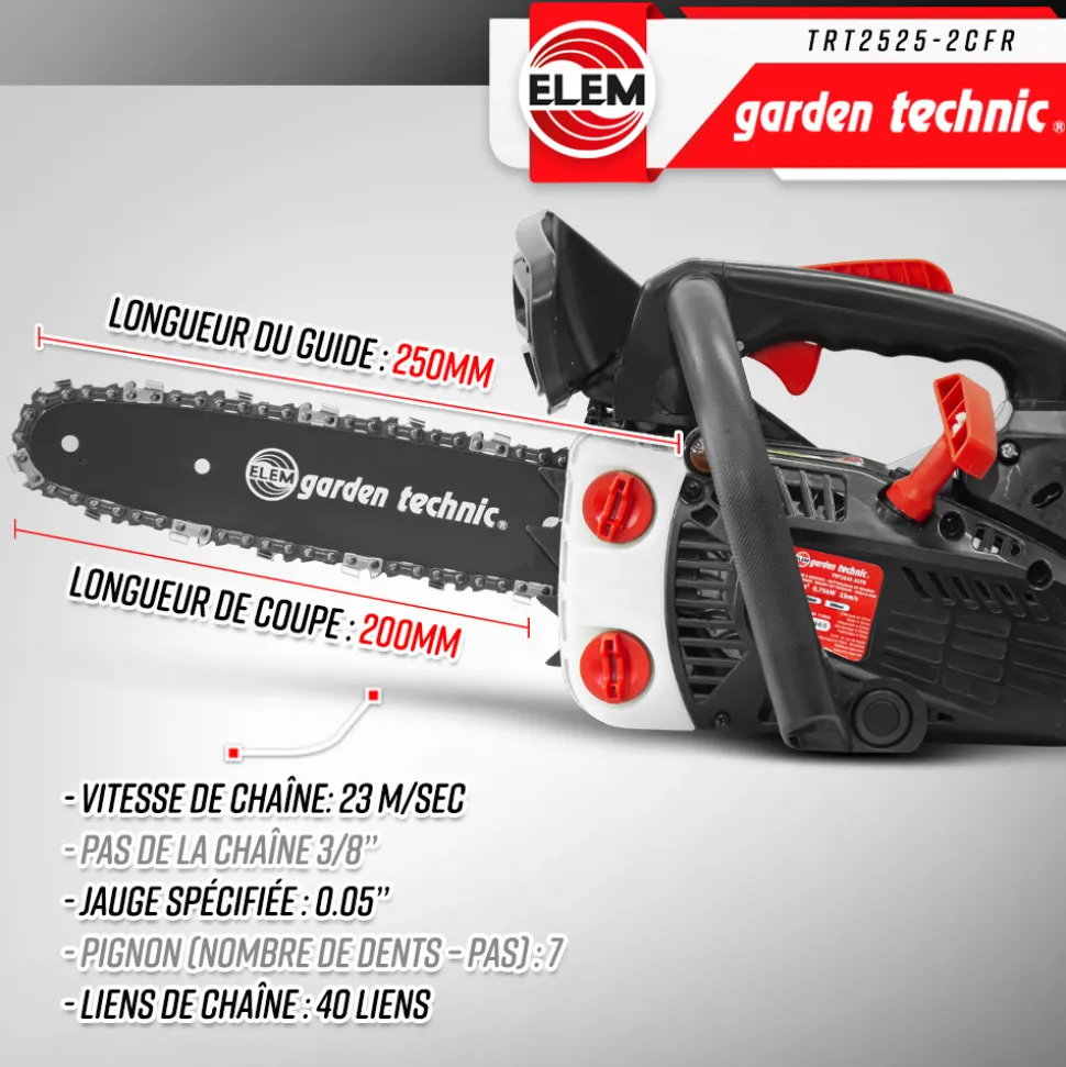 ELEM GARDEN TECHNIC - Elagueuse thermique 25cc - guide 25cm - 2 temps - livrée avec 2 chaînes - elem g