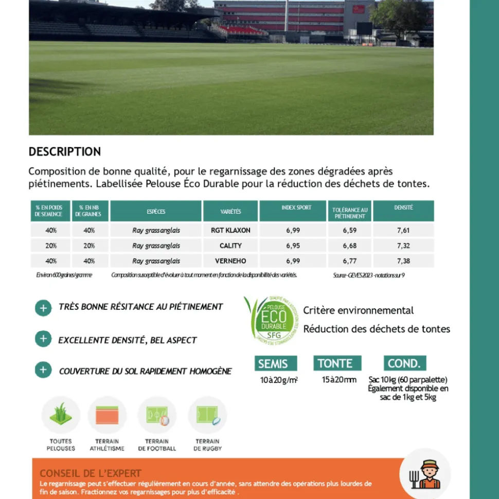 FLORIVERT - Gazon sport jeux terra sport 1 kg résistant au piétinement, homogénéité rapide - florivert 1206453