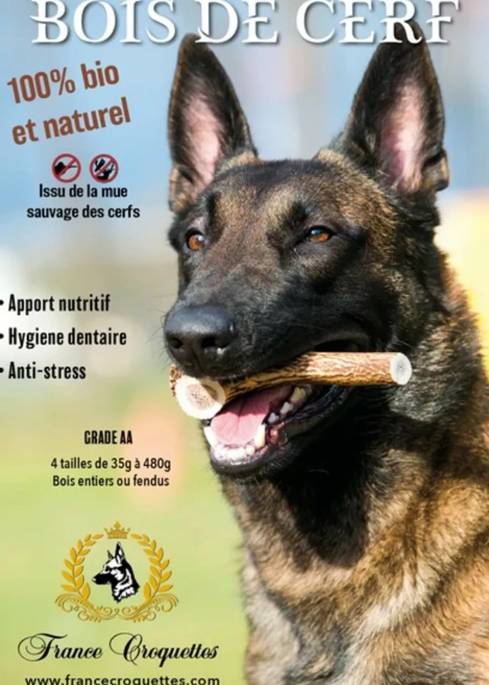 FRANCE CROQUETTES - 1x bois de cerf xxl entier (200/300gr) - chien <50kg - france croquettes