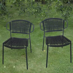 GECKO JARDIN - Chaises en métal et corde noir, flores (lot de 2)