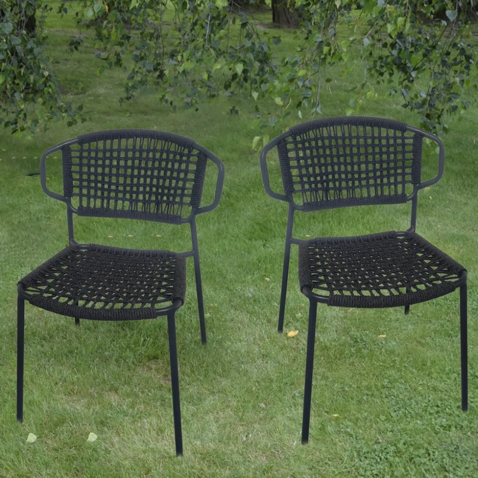 GECKO JARDIN - Chaises en métal et corde noir, flores (lot de 2)