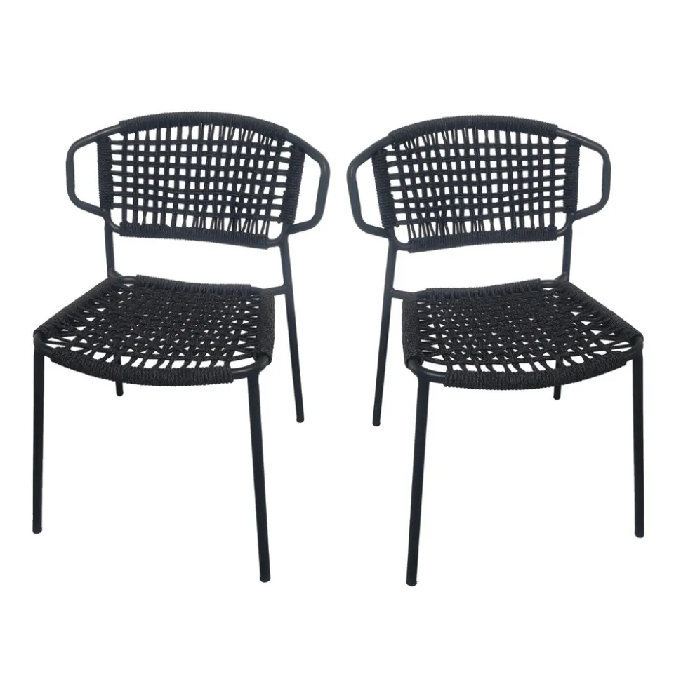 GECKO JARDIN - Chaises en métal et corde noir, flores (lot de 2)