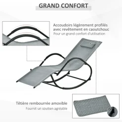 GUTENT - Chaise longue à bascule rocking chair ergonomique avec tétière amovible accoudoirs et repose-pieds revêtement texitlène