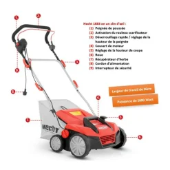 HECHT - H 1683 scarificateur aérateur électrique 2en1 1600w 8 couteaux doubles 24griffres avec profondeur réglable